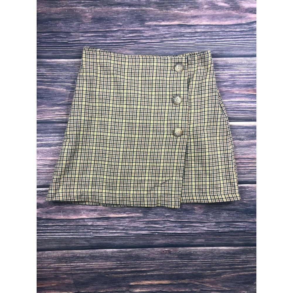 American Eagle Womens Size Small Yellow Gray Plaid Mini Skirt‎ Button Up School